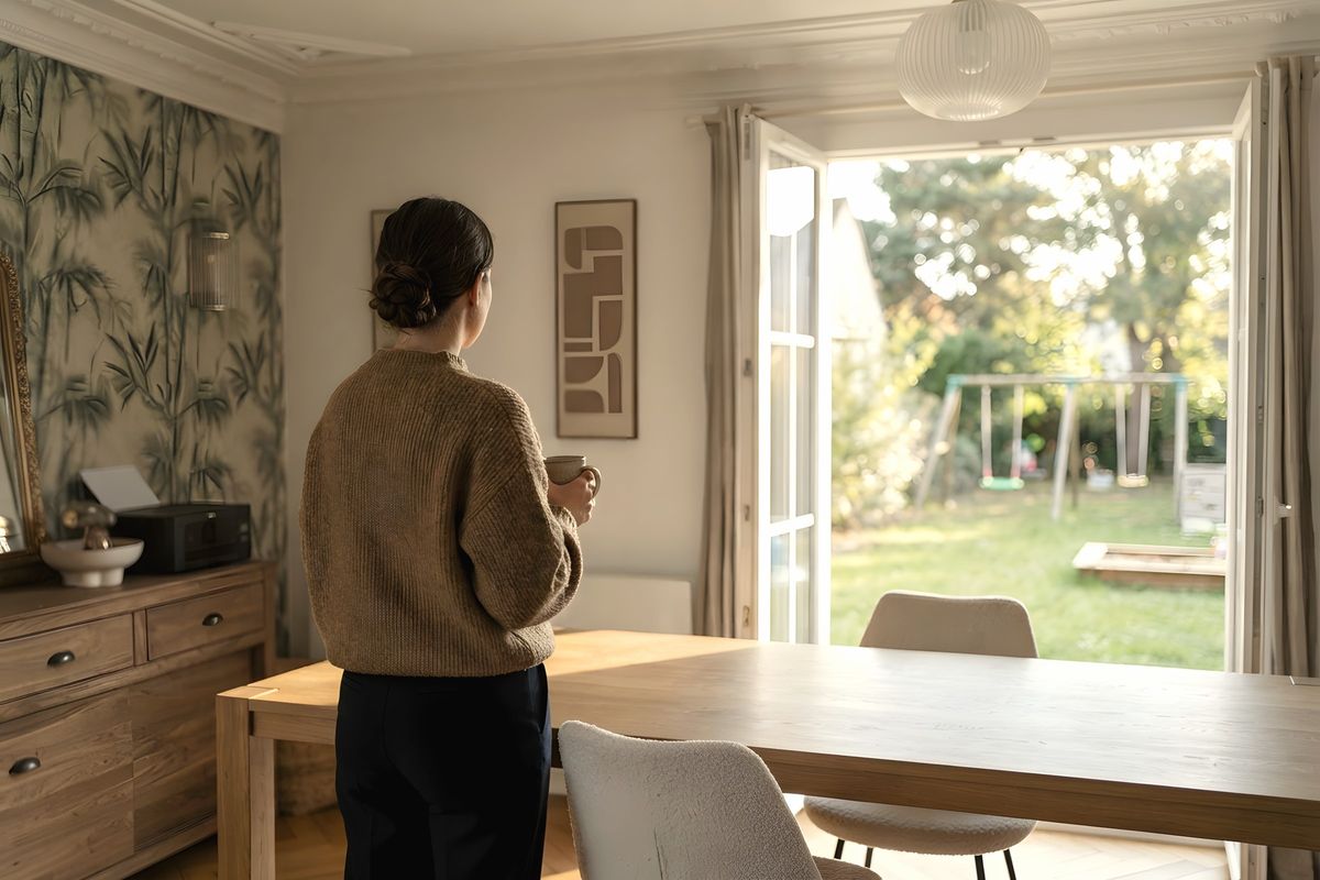 Un parent de dos, un mug à la main, face à une porte-fenêtre ouverte sur le jardin au petit matin