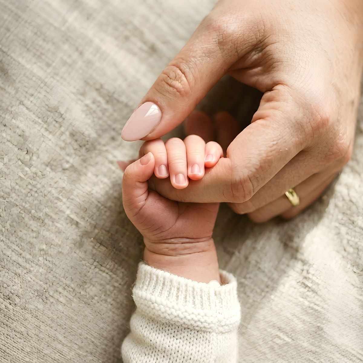 La main d’un parent qui tient celle de son nouveau-né, posées sur un drap de lin