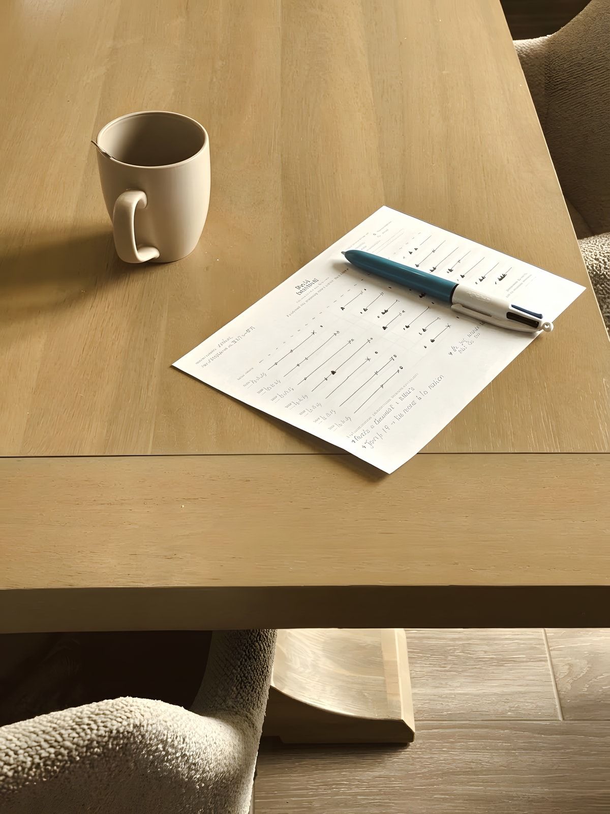 Un planning de sommeil rempli au stylo, posé sur une table à côté d’un mug