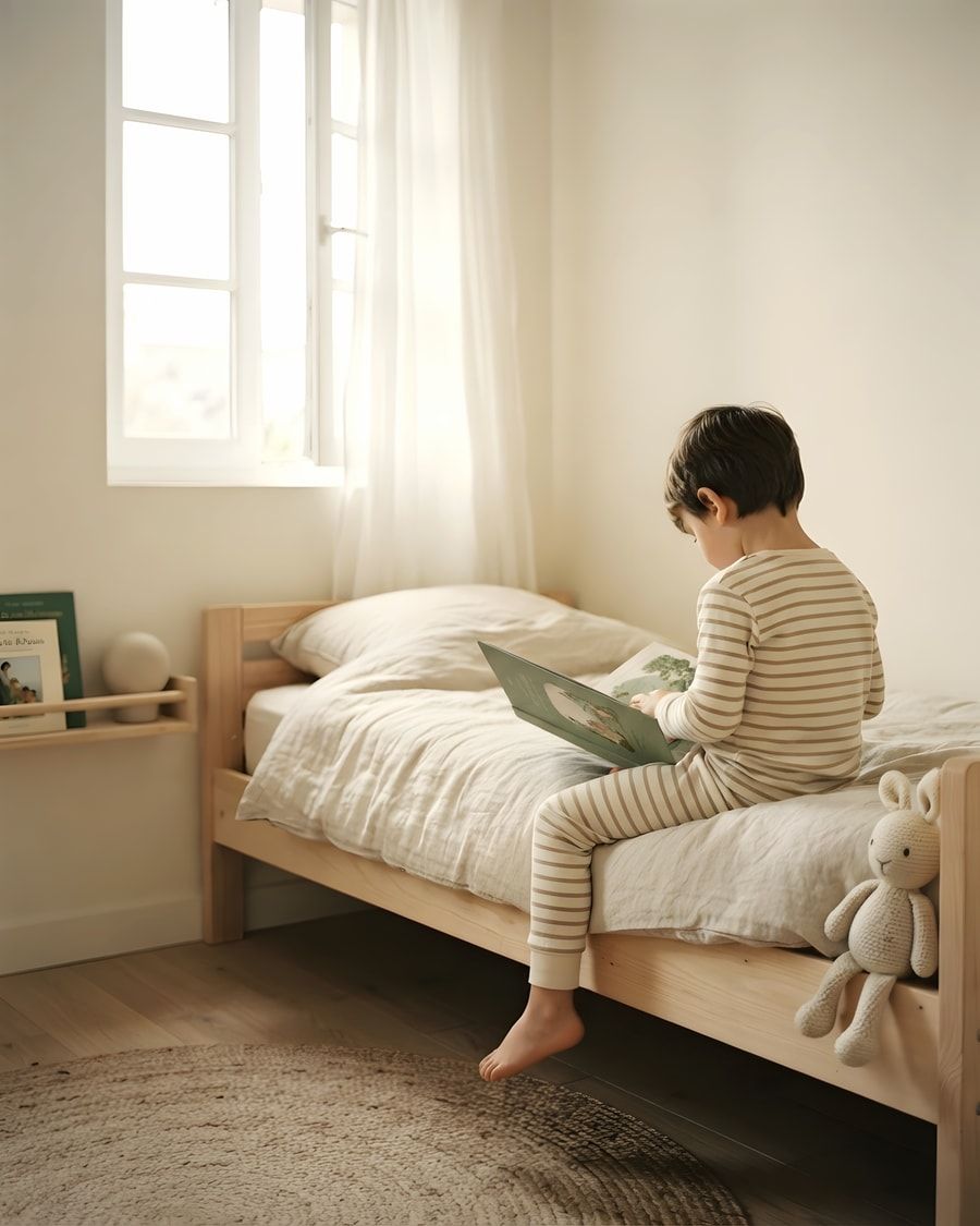 Un enfant de quatre ans en pyjama, de dos, assis au bord de son lit, un livre sur les genoux