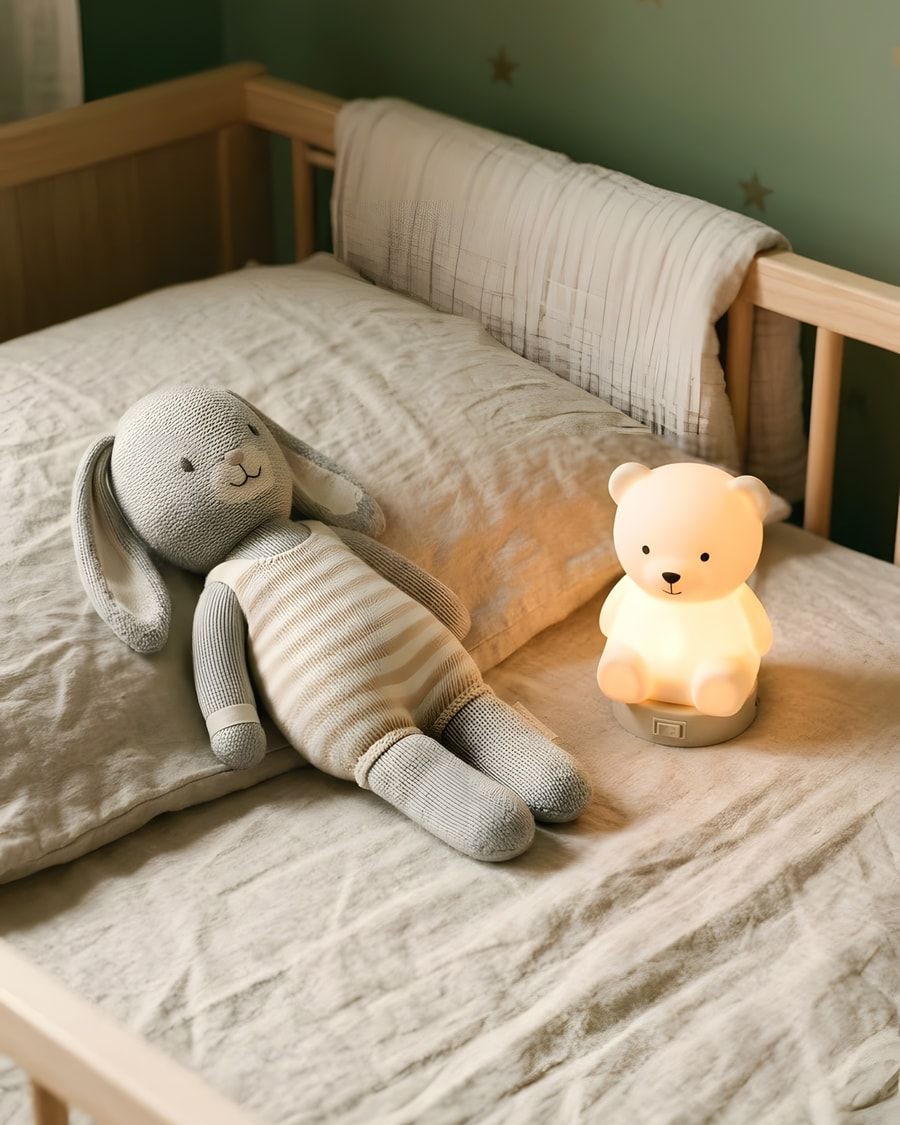 Un doudou lapin en tricot allongé dans un lit à barreaux, à côté d’une veilleuse en forme d’ourson allumée